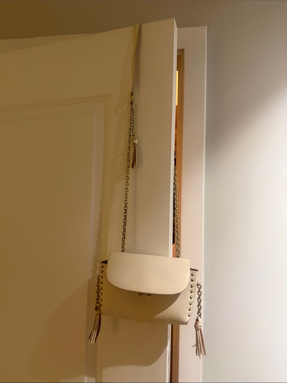 Zara Cream Leather Crossbody Bag with Tassel Detail